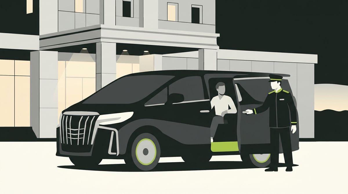 ホテルの車寄せで、運転手が大型高級ミニバンのスライドドアを開けるイラスト