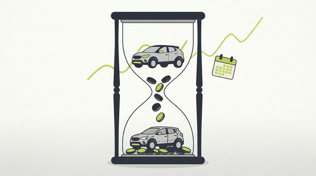 砂の代わりに硬貨が落ちる砂時計と、上下に入った車のイラスト