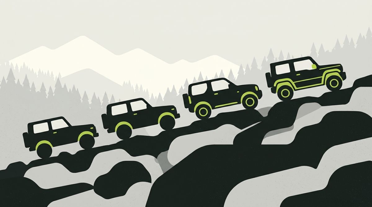 世代の違う4台の角ばった小型オフロード車が岩山を登っていくイラスト