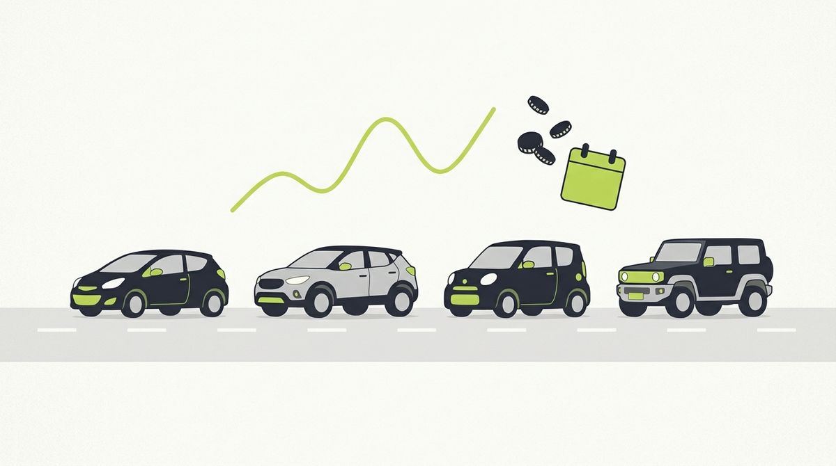道路に並ぶ4台の車と、上下する折れ線グラフ、硬貨とカレンダーのイラスト