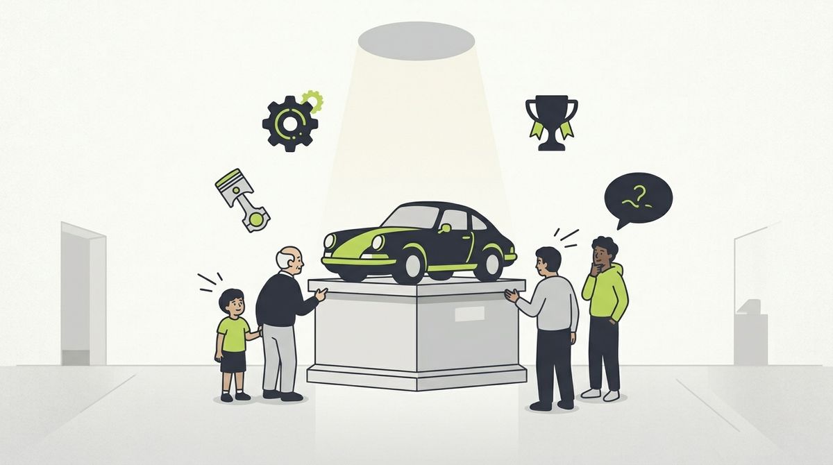 博物館の台座に飾られたクラシックなスポーツカーを、さまざまな年代の人が眺めるイラスト
